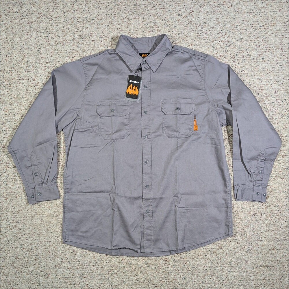 Konreco FR Button Up Work Shirt Mens 2XL Gray Long Sleeve Flame Resistant CAT 2
